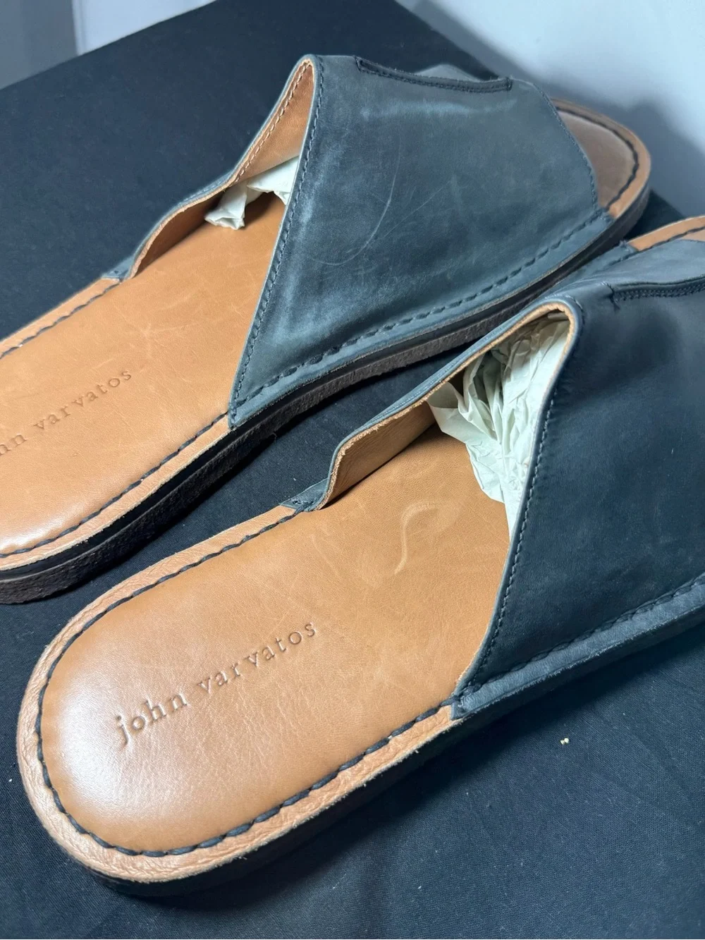 John Varvatos Black Leather Slide Sandals with Tan Footbed